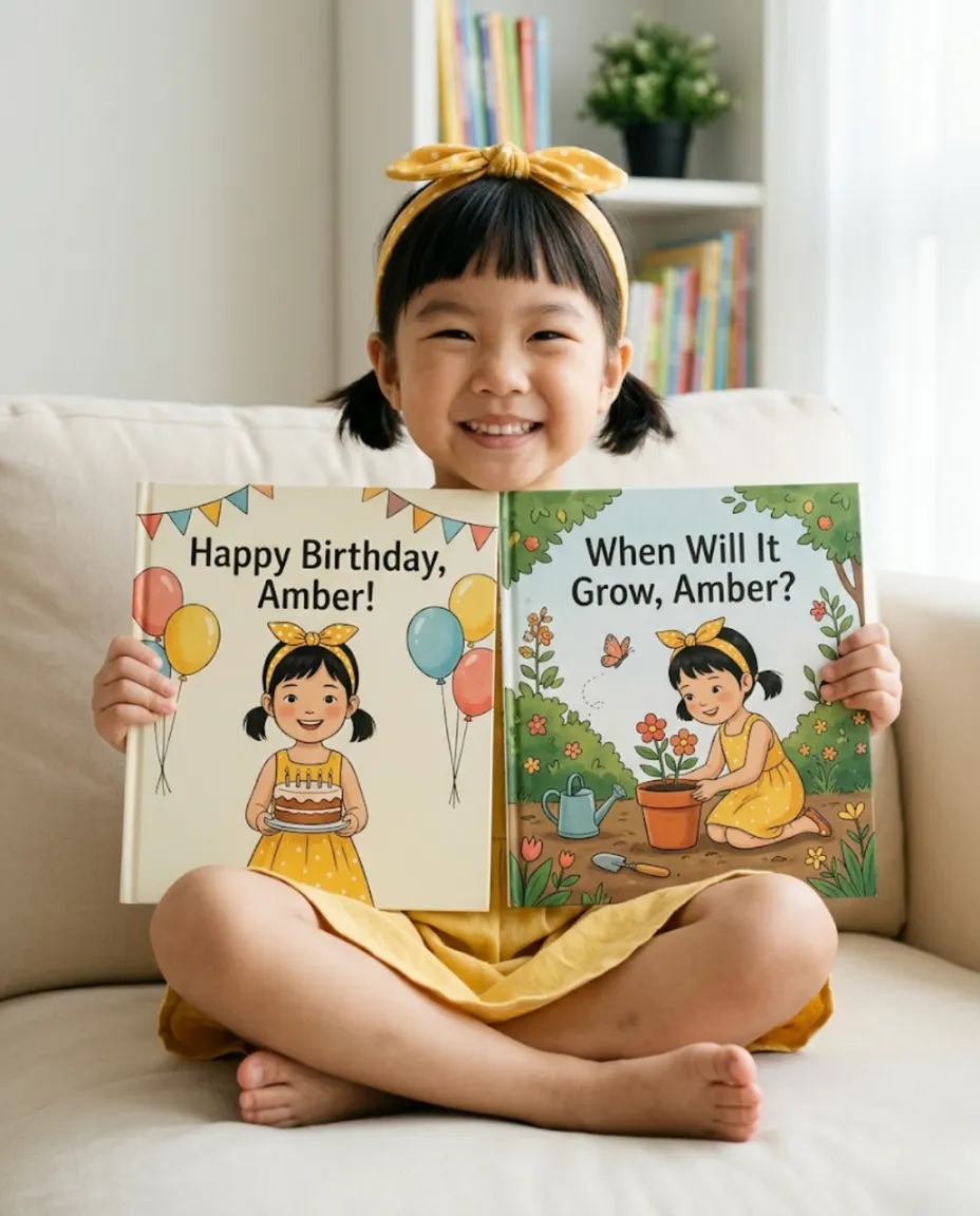 Young girl proudly holding up two personalised StoryStars books, both with her illustrated likeness