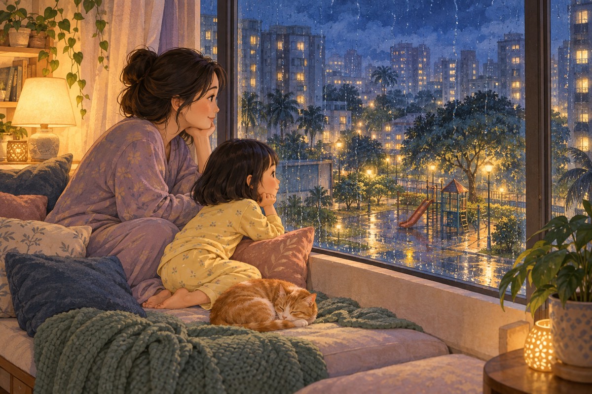 A girl in yellow pyjamas and her mother sit at a big window watching evening rain fall over the city, with an orange cat asleep beside them.