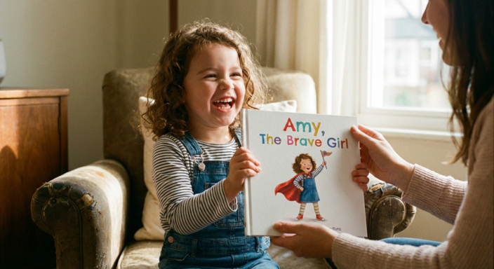 A 4 year old receiving a customised book for her birthday