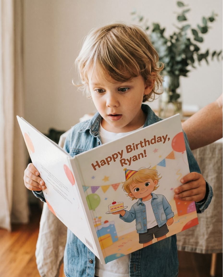 A personalised storybook open on a play mat, with a baby illustrated as the main character, surrounded by first birthday decorations