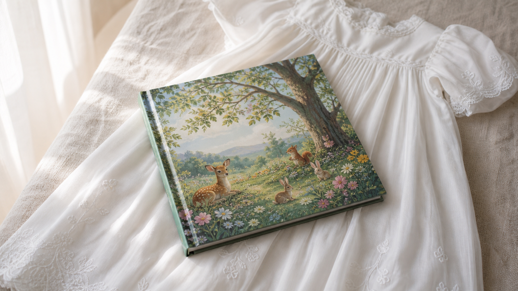 A personalised storybook resting beside a white christening gown
