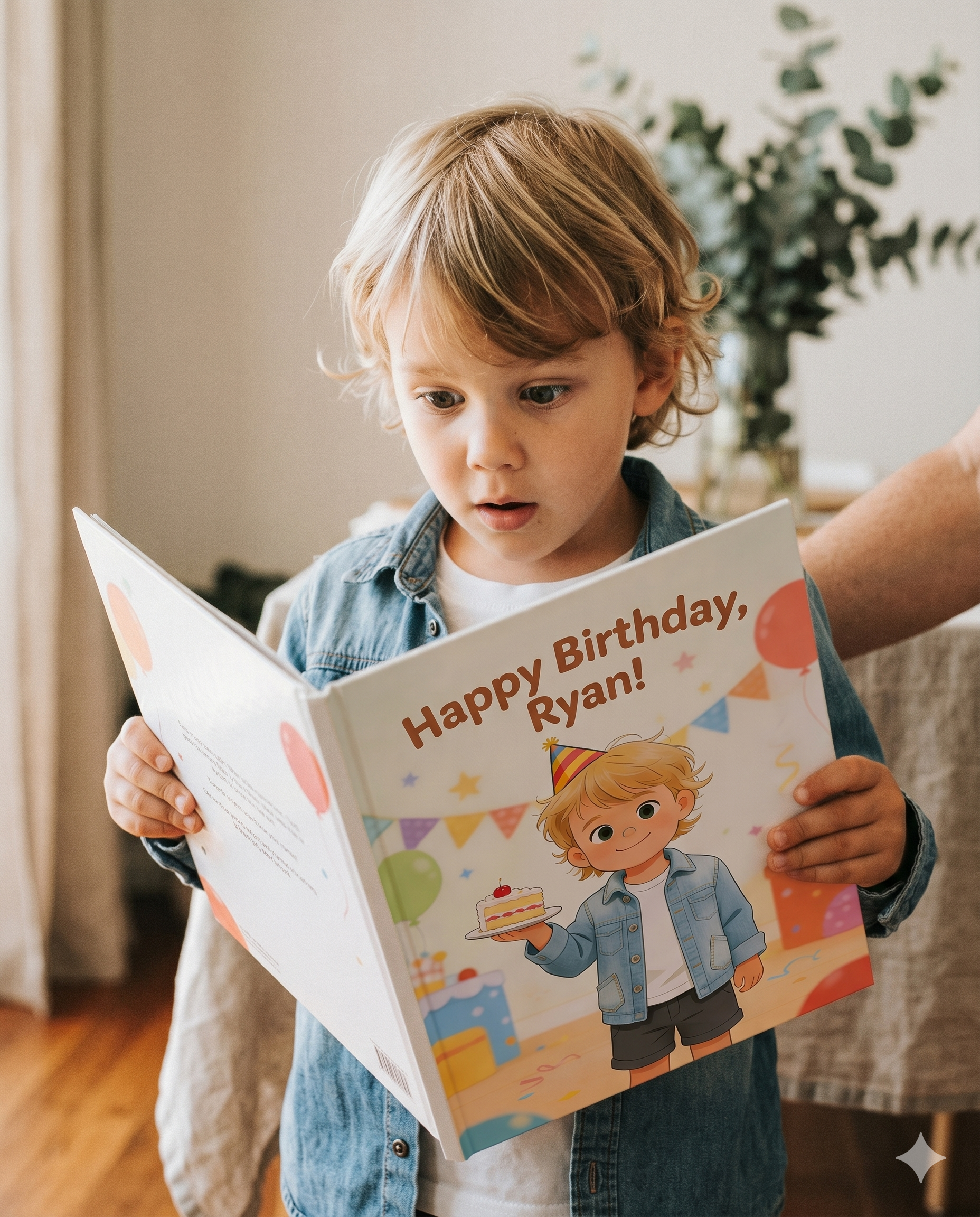 A child receiving a personalized birthday storybook as a gift