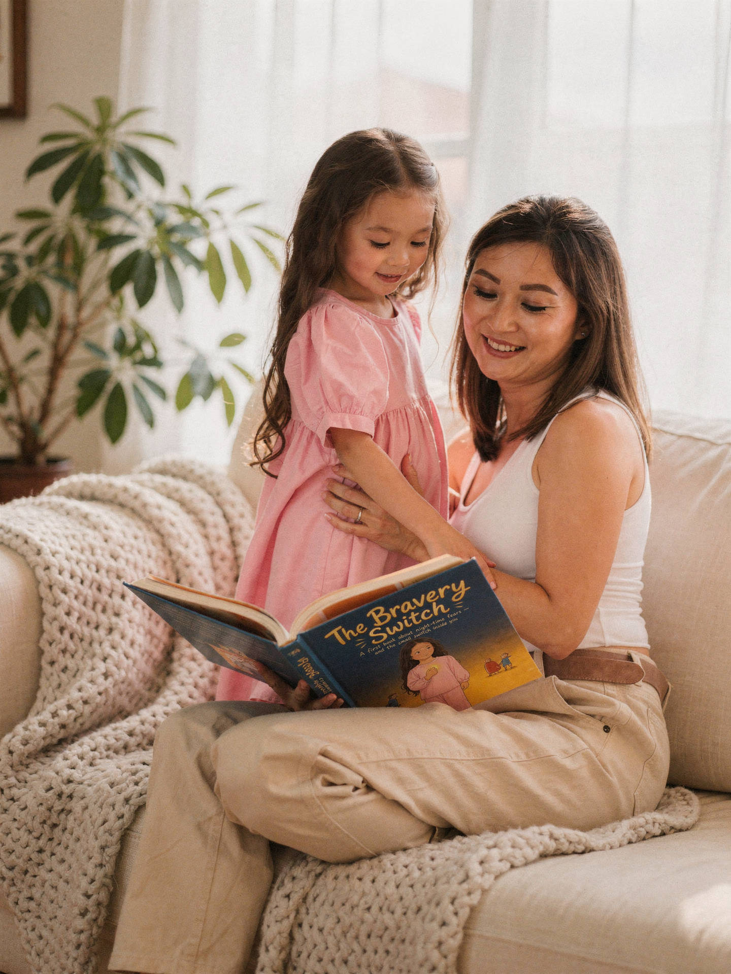 A child sitting with a parent reading a personalised storybook together on a sofa.