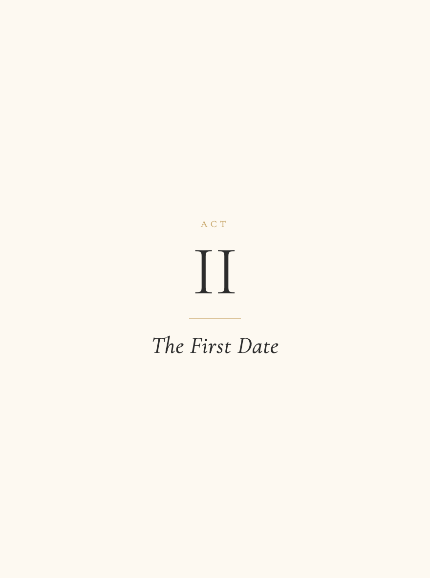 Act II title page reading 'Act II · The First Date' in dark serif on cream paper.