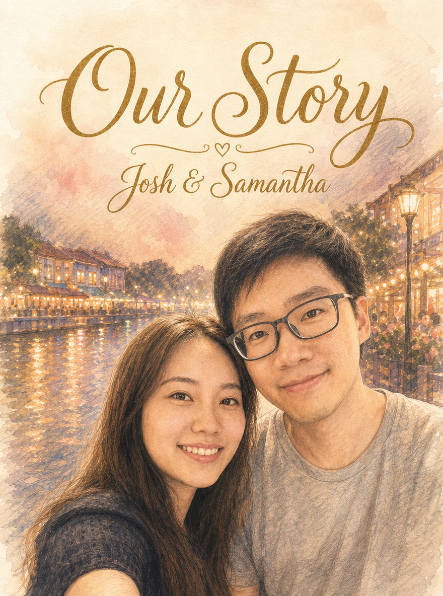 Cover of 'Our Story · Josh and Samantha', a personalised couples anniversary picture book in soft watercolour and color pencil.