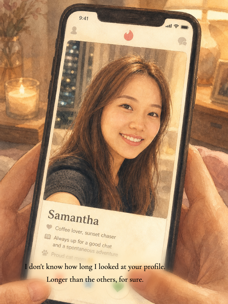 Illustrated story page: first-person view of Josh's hands holding his phone open to Samantha's dating-app profile, lamp-lit room behind.