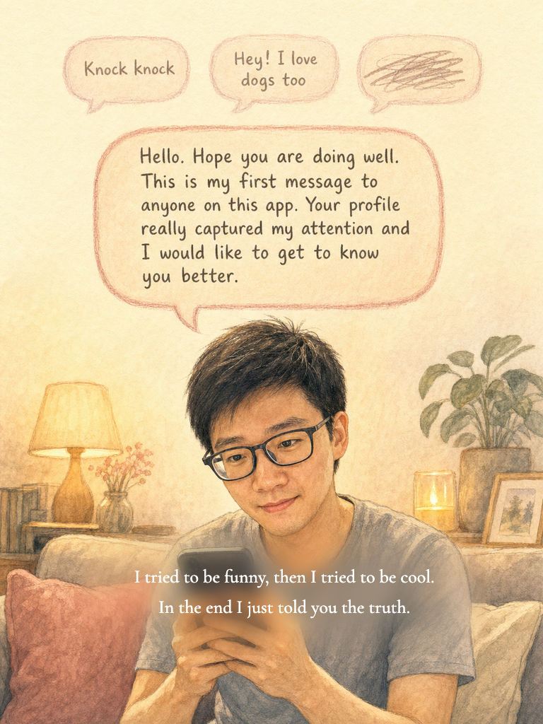 Illustrated story page: Josh on his couch drafting his first message to Samantha, soft speech bubbles floating around him.