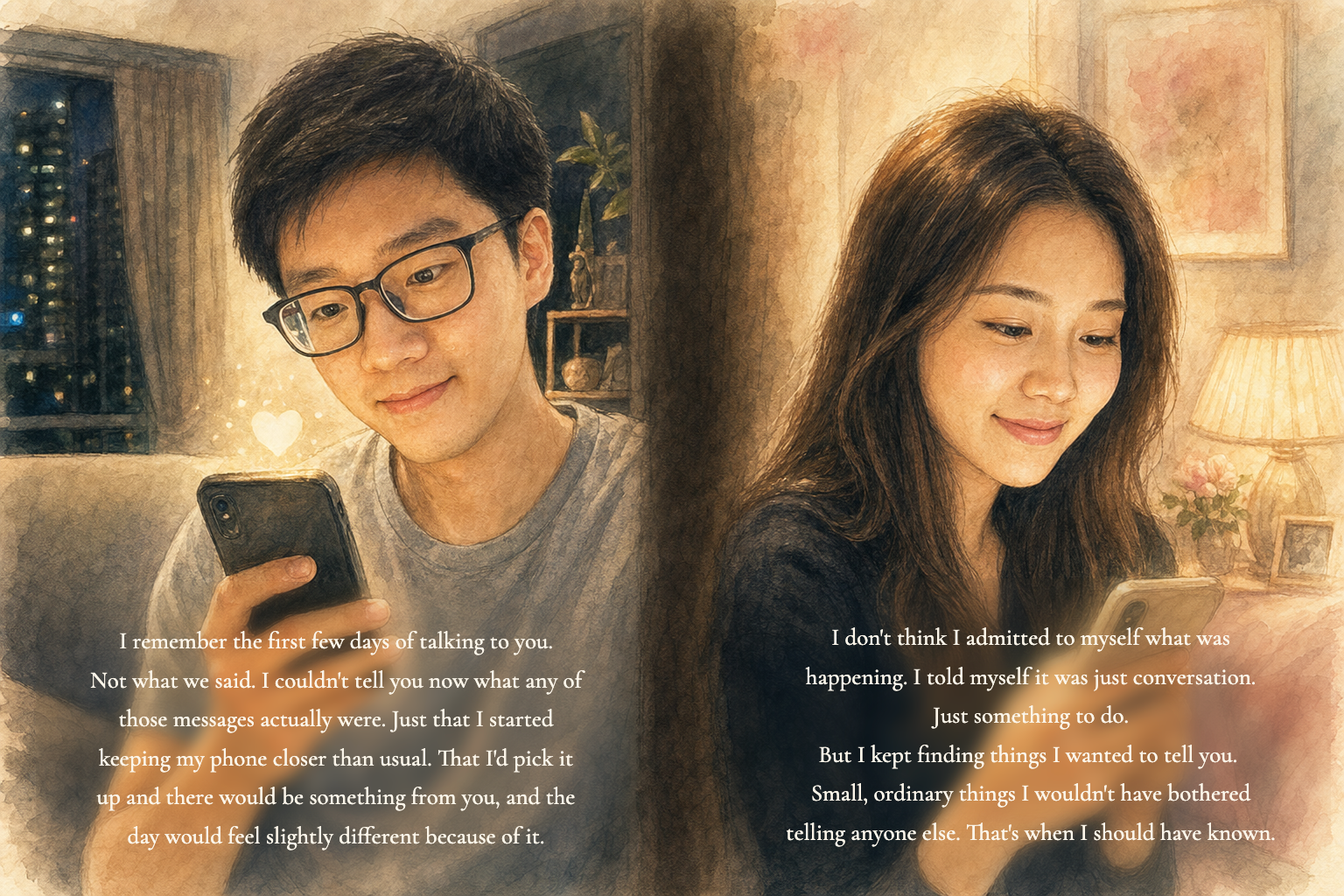 Landscape spread: split illustration of Josh and Samantha in their separate rooms, both on their phones at the same moment.