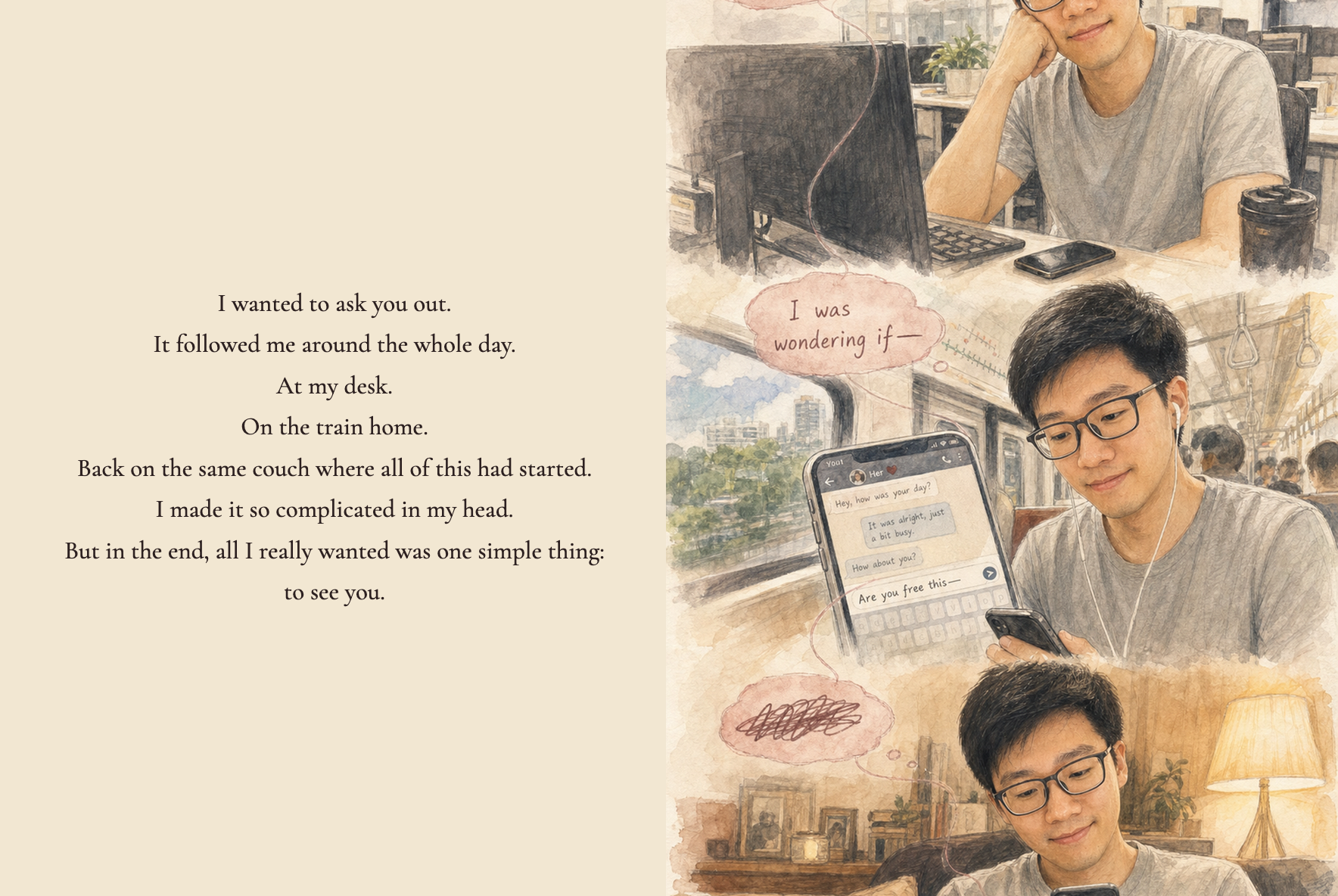Landscape spread: three stacked vignettes of Josh through his day at work, MRT and home, with a real photograph plate set against handwritten prose on cream.