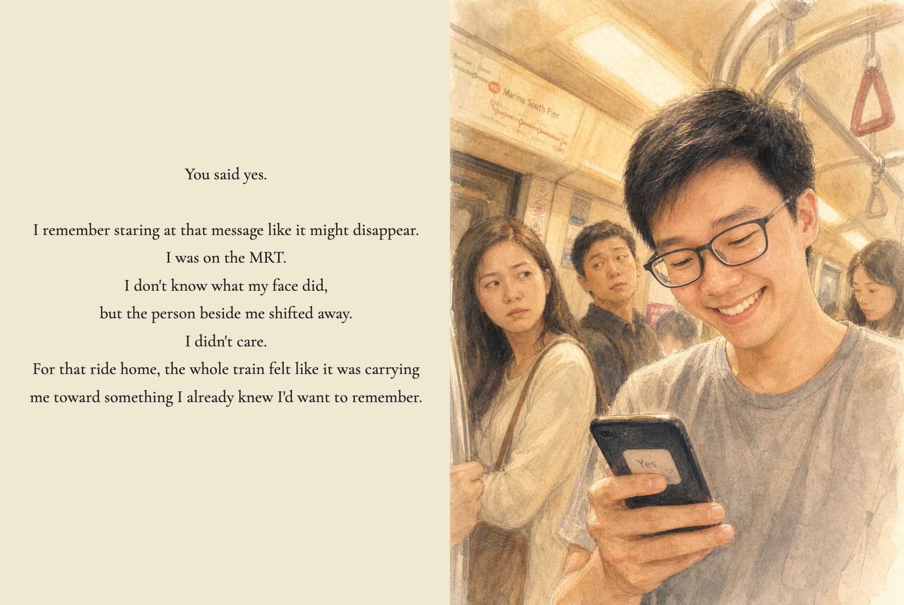 Landscape spread: Josh on the MRT grinning at Samantha's reply, a real photograph plate alongside the illustration and prose.