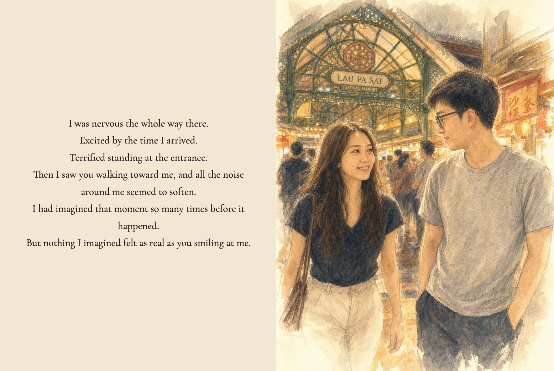 Landscape spread: Josh and Samantha meeting outside Lau Pa Sat at golden hour, alongside a real photograph and prose on cream.