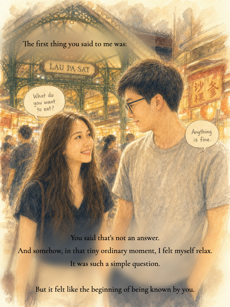 Illustrated story page: Josh and Samantha facing each other inside Lau Pa Sat with two small speech bubbles, the first words they ever said in person.