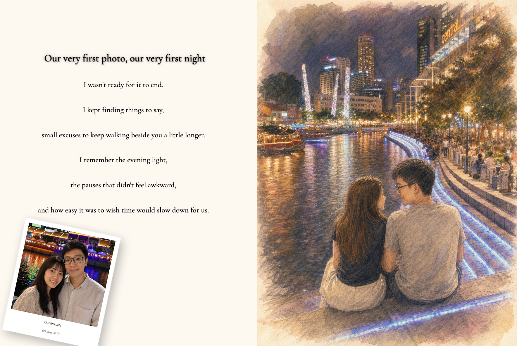 Landscape spread: Josh and Samantha sitting close by the Singapore River at Clarke Quay in the evening, a real polaroid plate alongside the illustration.