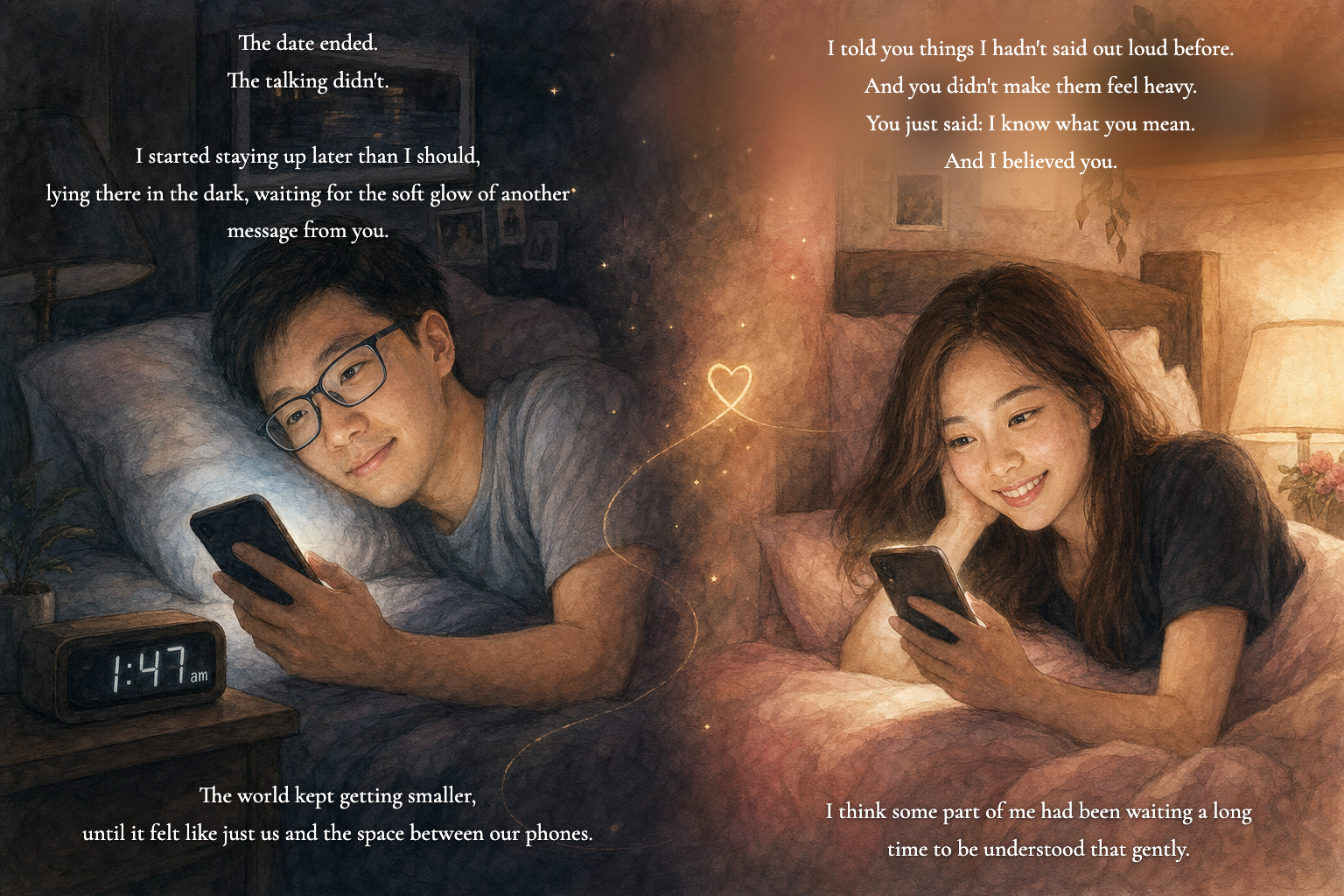 Landscape spread: split illustration of Josh and Samantha in their separate beds at 1:47am, both still awake on their phones.