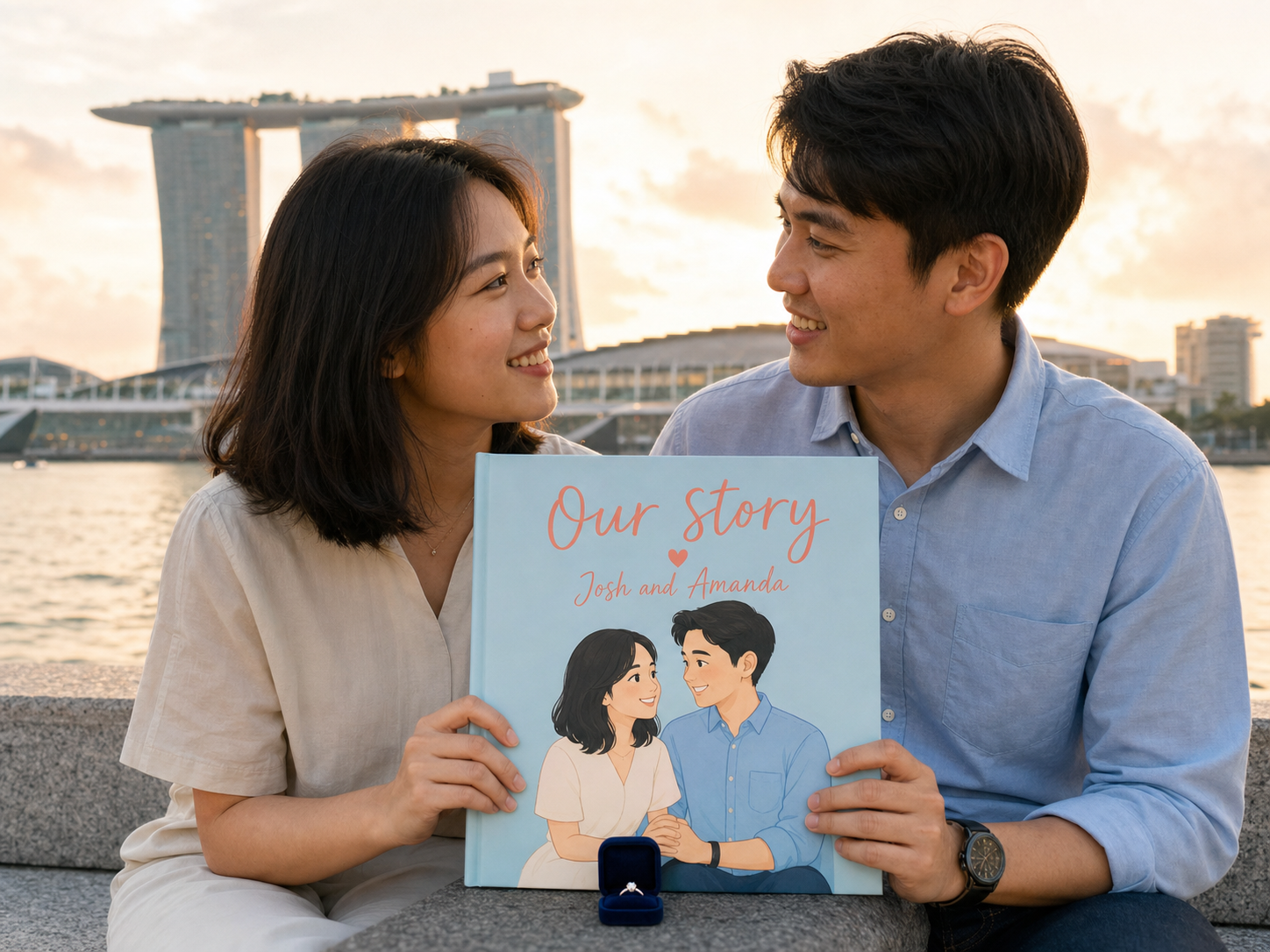 Chinese-Singaporean couple at Marina Bay holding their personalised picture book 'Our story · Josh and Amanda' with a ring box on top.