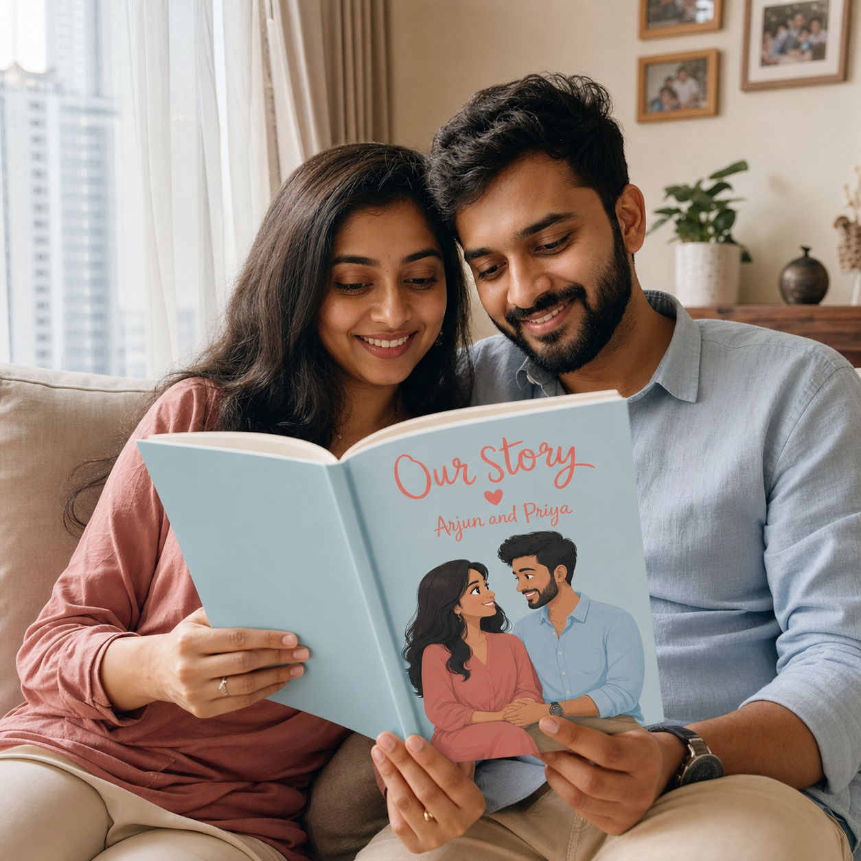 Indian-Singaporean couple curled on a sofa reading their personalised picture book together.