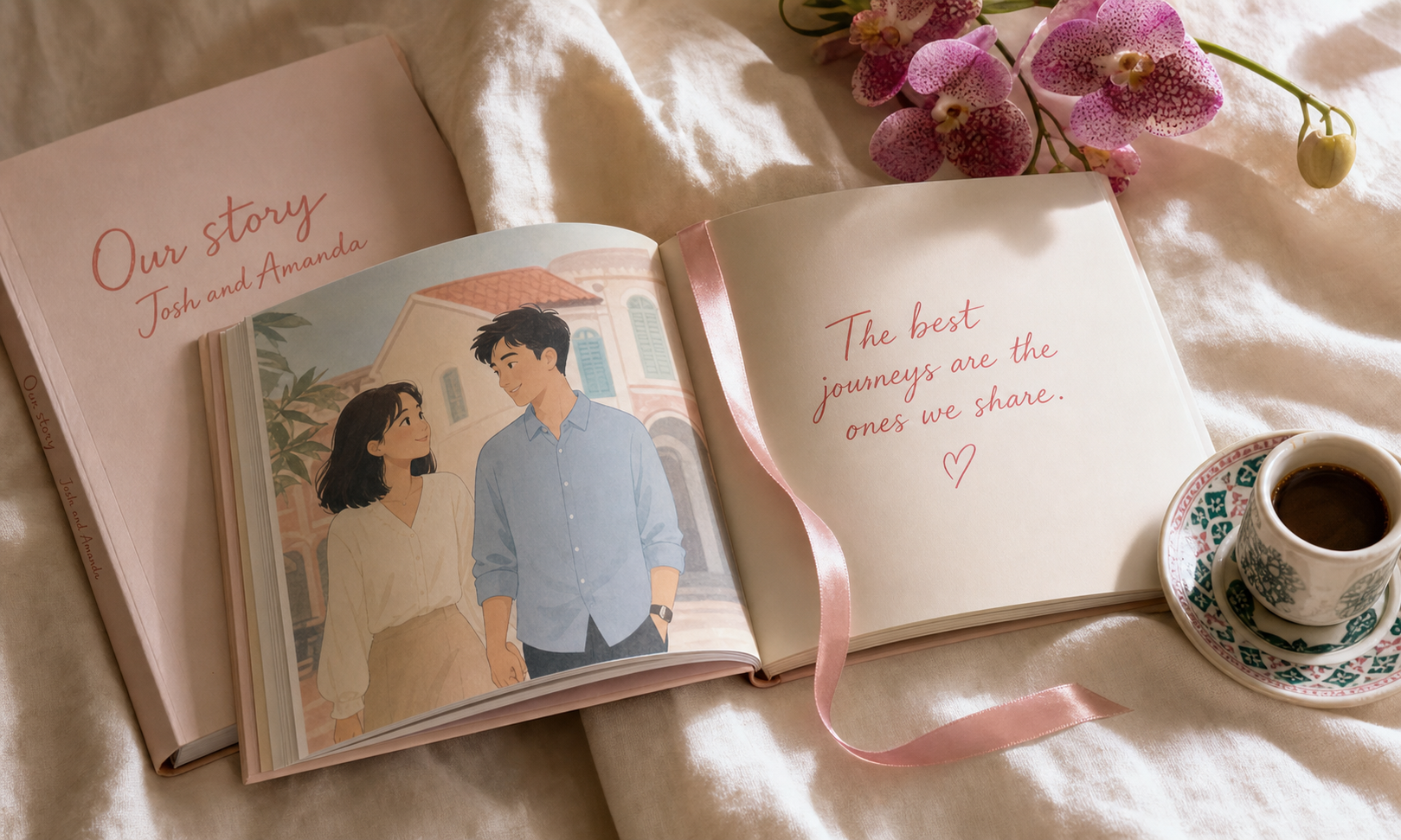 Open softcover picture book on cream linen bedsheets with a sprig of orchid and a cup of kopi.