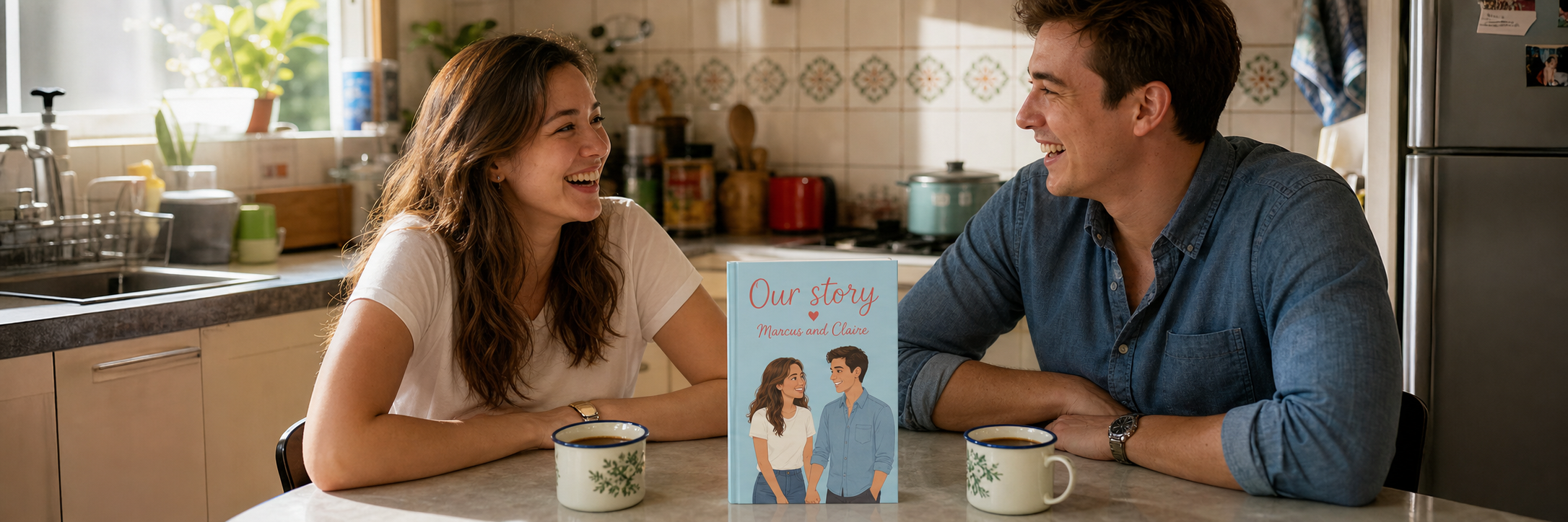 Eurasian-Singaporean couple laughing in an HDB kitchen with two cups of kopi-o and their personalised picture book on the counter.