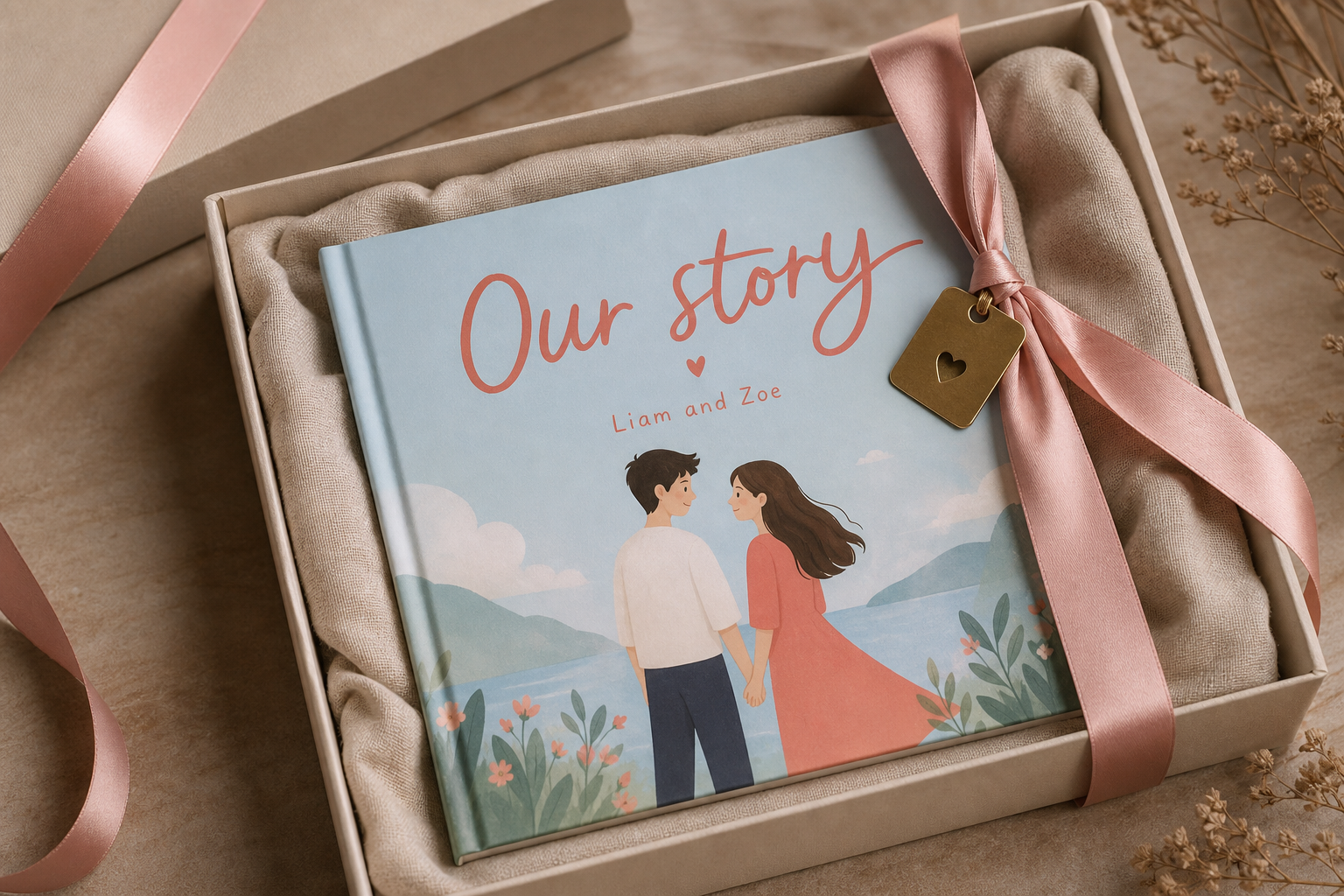 Personalised picture book nestled in a linen-lined gift box with a brass tag and pastel-pink ribbon.
