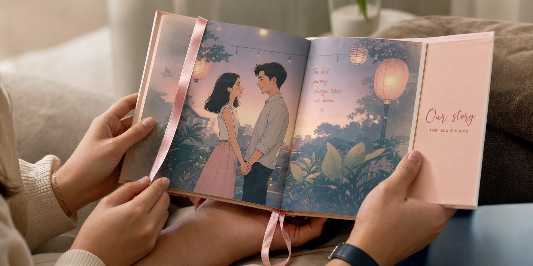 Two hands holding open the picture book to a flat-illustrated spread of a couple at a lantern-lit garden.