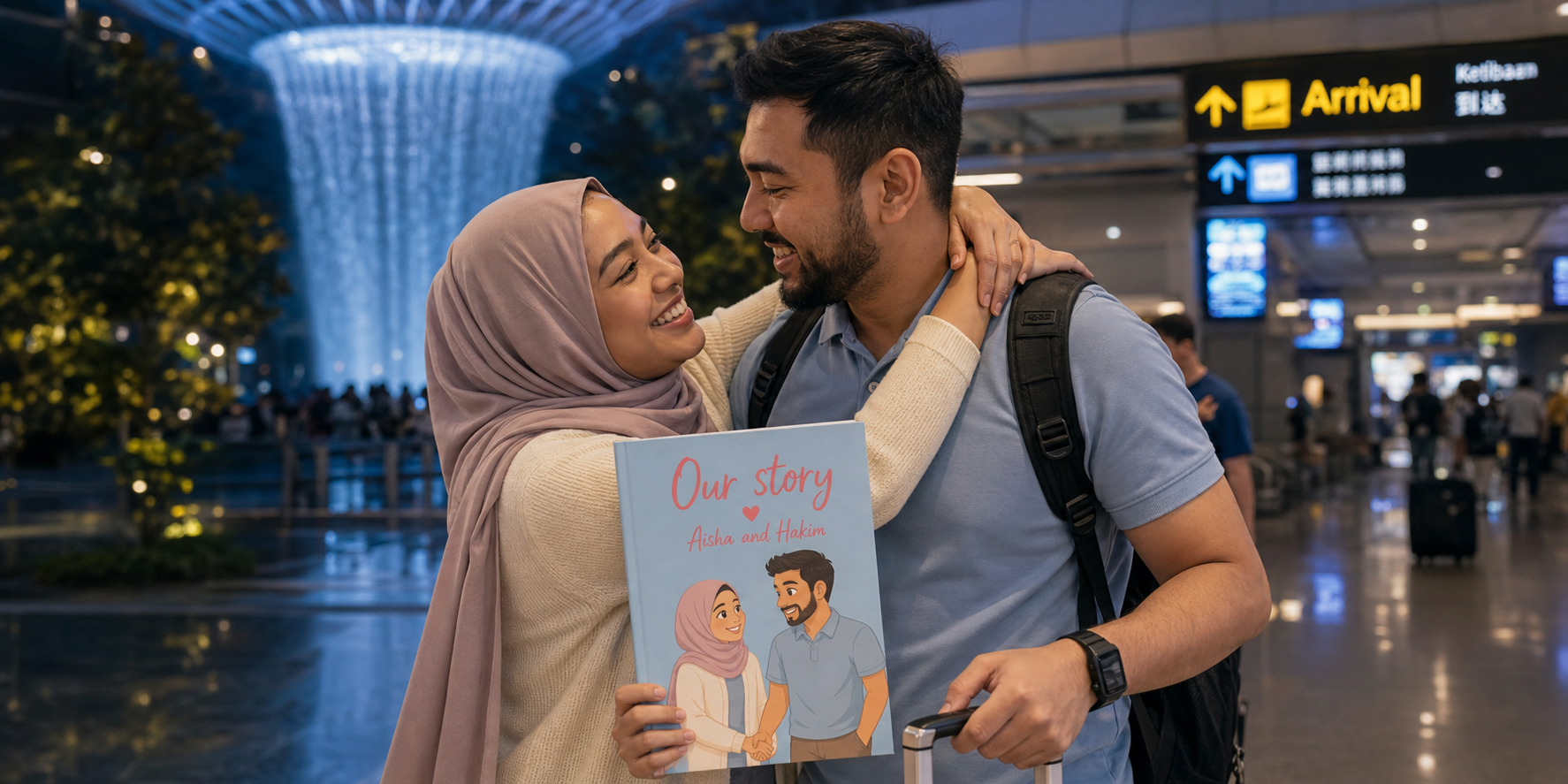 Malay-Singaporean couple embracing at Changi Airport arrivals with the picture book in hand.