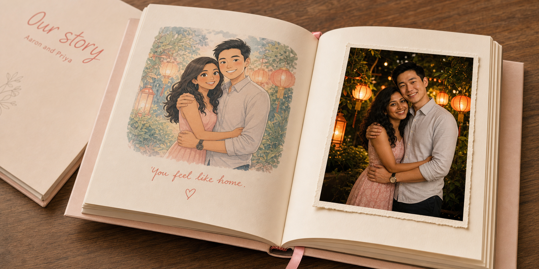 Open picture book on a wood table showing a real tipped-in photo of a Singaporean couple alongside a flat illustration of the same couple.