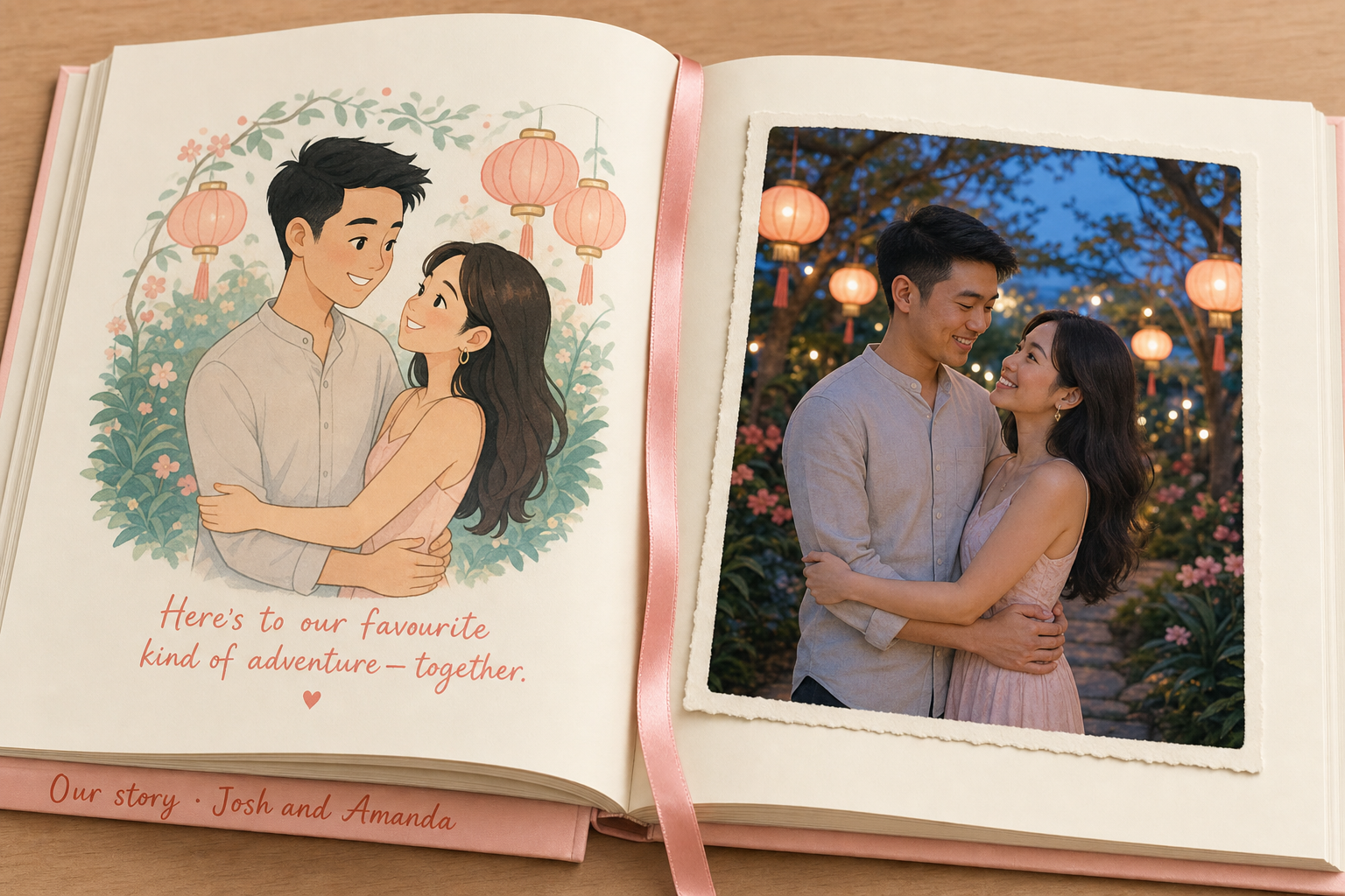 Open picture book showing a tipped-in real photograph of a couple alongside a modern flat illustration of the same couple, with a pastel-pink ribbon marker draped across the spine.