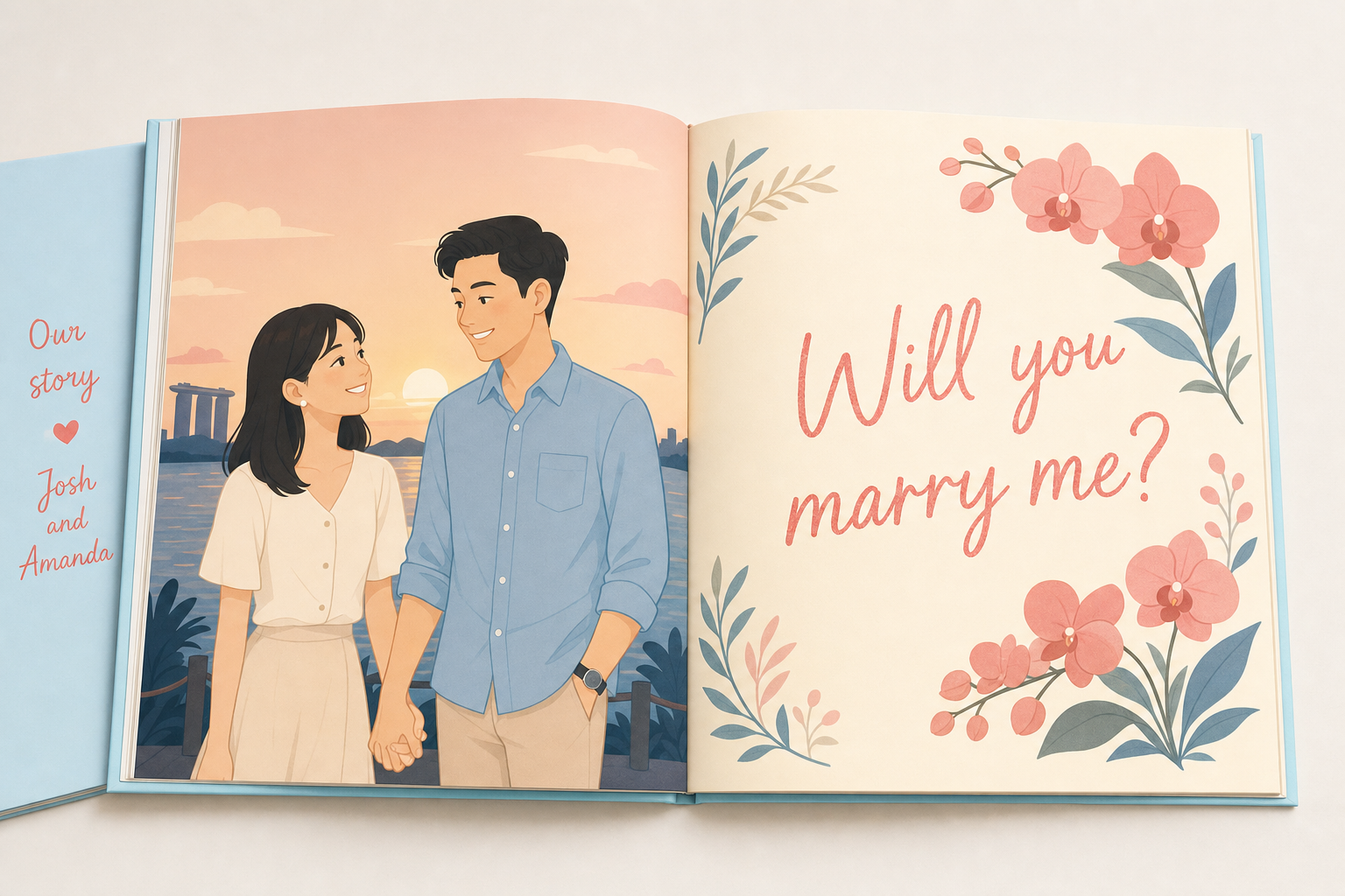 Open softcover picture book spread showing a modern flat illustration of a couple at the seaside with 'Will you marry me?' hand-lettered in coral script.