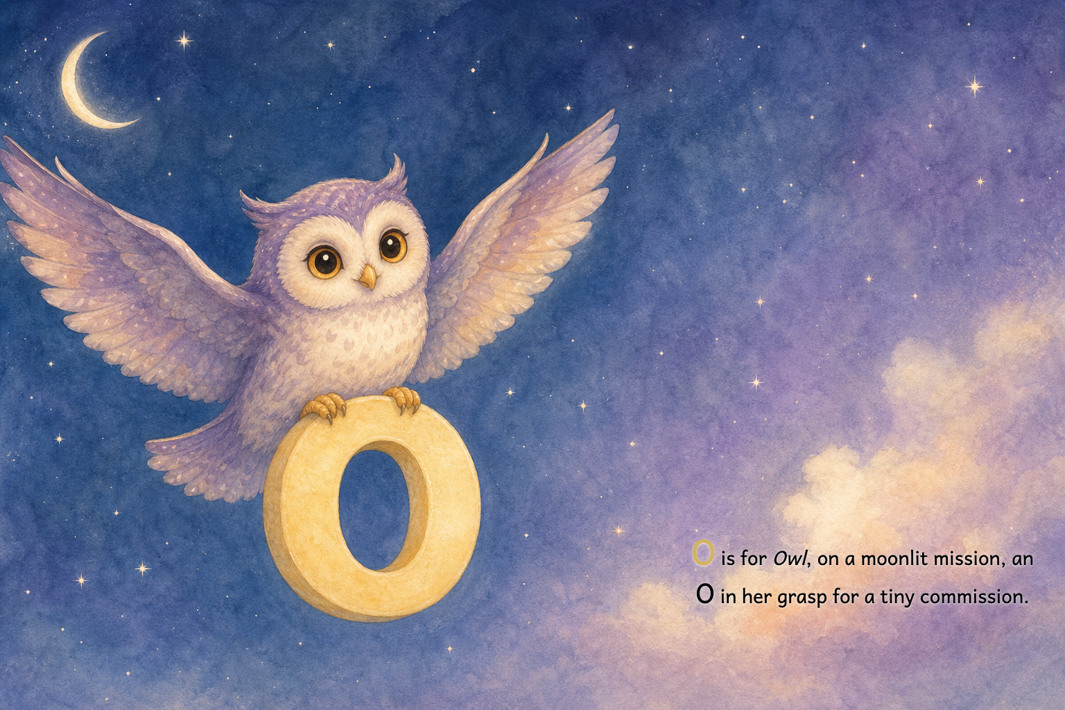 An interior spread showing an owl scene with a letter of the child's name worked into the illustration.