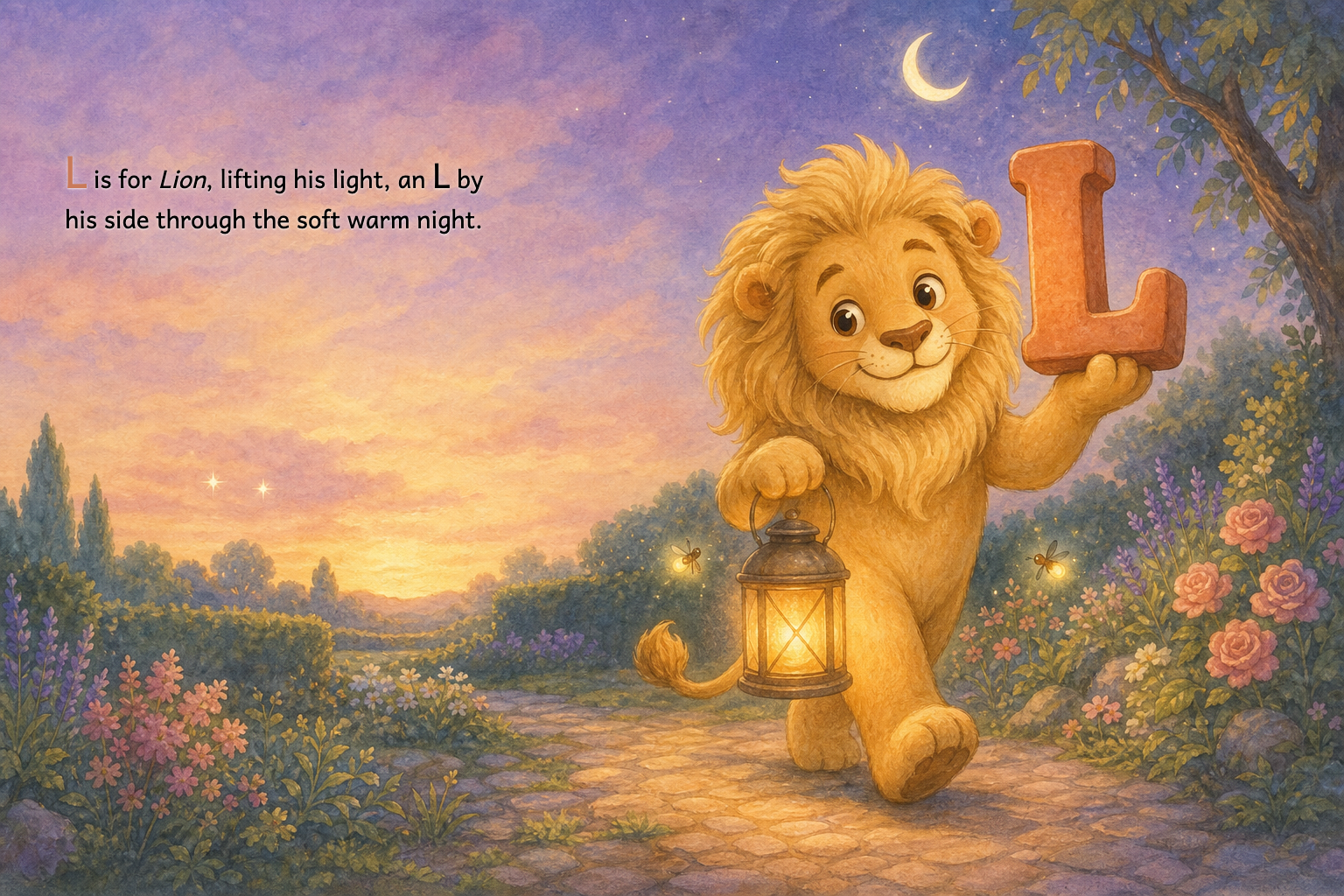 An interior spread showing a lion carrying a lantern through a garden at dusk.