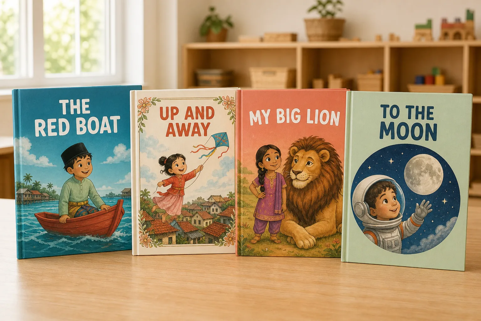 Four personalised hardcover children's storybooks standing on a classroom table, each with different cover art and a different title.
