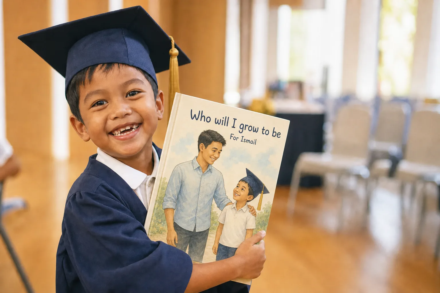 A child in a graduation cap holding a personalised hardcover storybook titled Who will I grow to be, For Ismail, its cover showing him as he is now beside a grown-up version of himself.