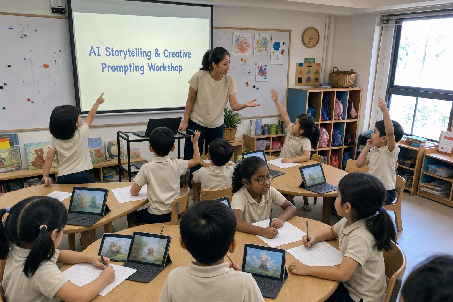 An AI storytelling and creative prompting workshop running in a preschool classroom, children seated at tables writing on worksheets with a tablet open in front of each of them, and a facilitator at the front beside the title slide.